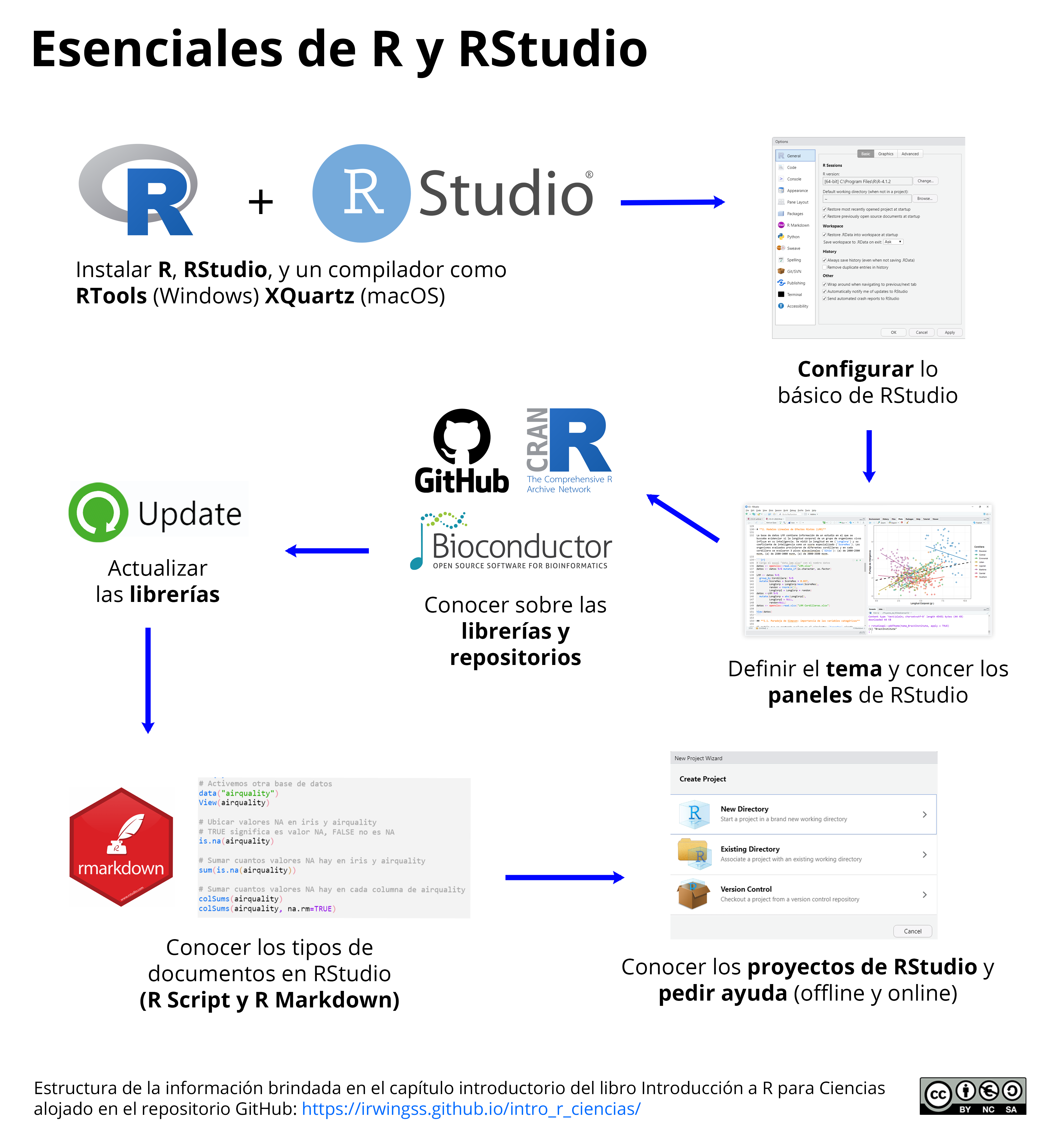 Estructura temática del capítulo “Esenciales de R y RStudio”.