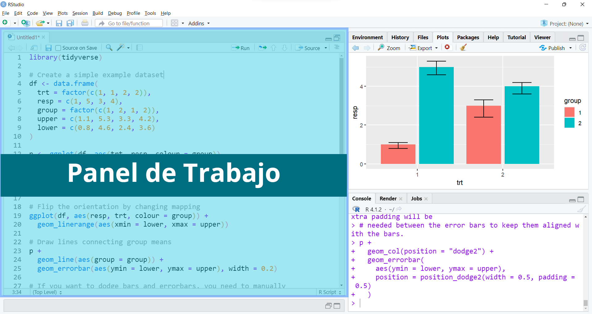 Panel de Trabajo. Aquí aparecerán los archivos de trabajo de R, sean R script o R Markdown. Además, es donde aparecen las bases de datos cuando se pide visualizarlas en RStudio.