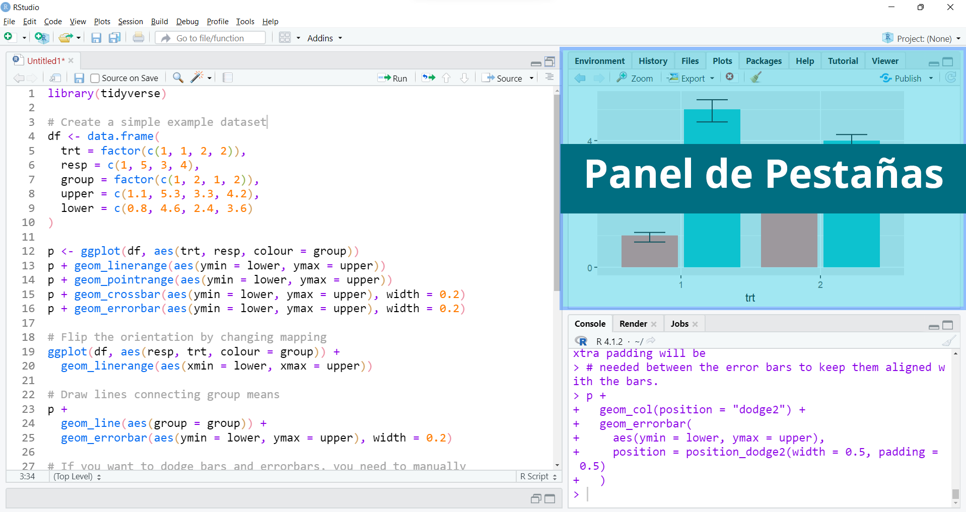 Panel de pestañas: aquí encontrarás: el ambiente (Environment) donde se guardan los objetos creados o cargados en RStudio; la historia (History) de las ejecuciones realizadas durante la sesión de RStudio; archivos (Files) para visualizar los archivos de la carpeta de trabajo actual (definida como la carpeta “documentos” por defecto); la pestaña de visualización de gráficos estáticos (Plots); pestaña de instalación y actualización de paquetes (Packages); la pestaña de ayuda (Help); y el visualizador (Viewer) de gráficos animados, gráficos 3D, objetos HTML. las conexiones (Connections) que se pueden realizar con bases de datos (Oracle, SQL, Salesforce, Spark, Hipe, entre otros); tutoriales (tutorial) precargados usando shiny para el uso básico de R y RStudio.