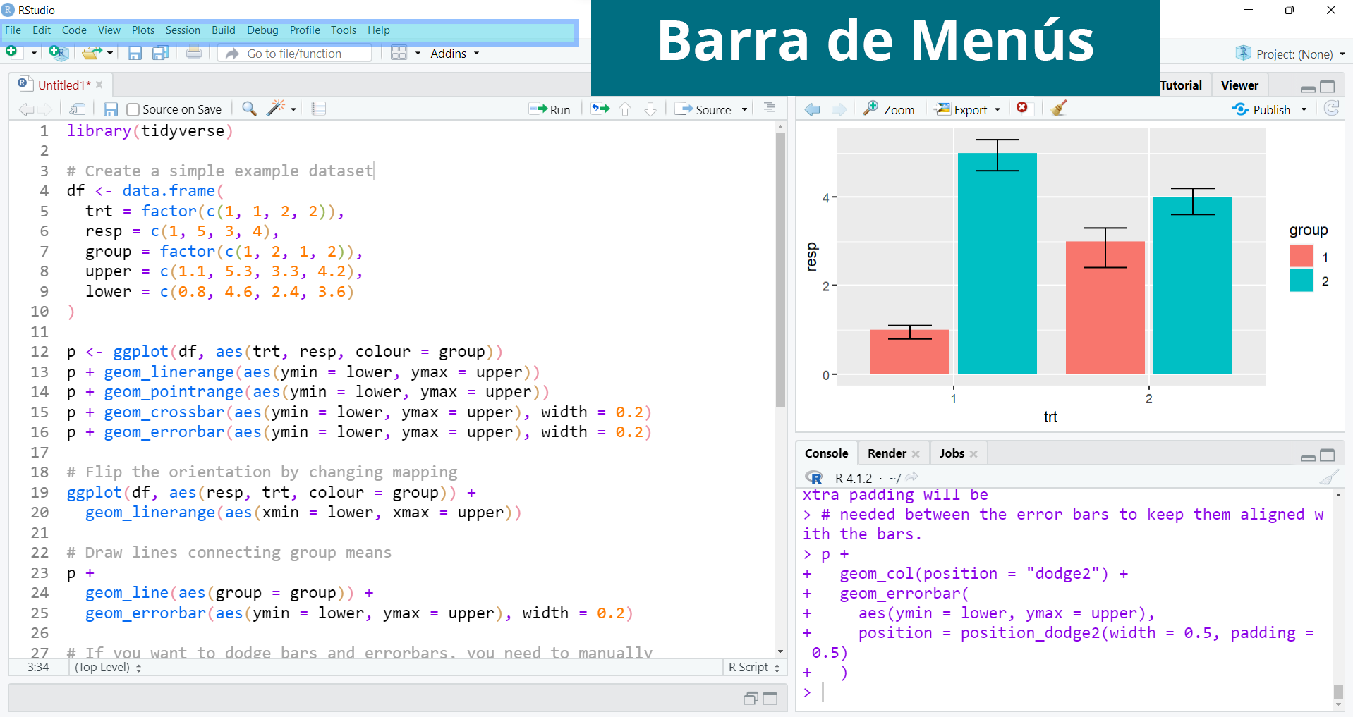 Barra de menús. De las pestañas más importantes: File nos permite crear o cargar archivos; Session, definir espacio de trabajo actual; y Tools, ingresar a las configuraciones de RStudio. Usos más avanzados, como la depuración de código o el uso de versiones de control (Git), también se manejan desde las opciones de esta barra.