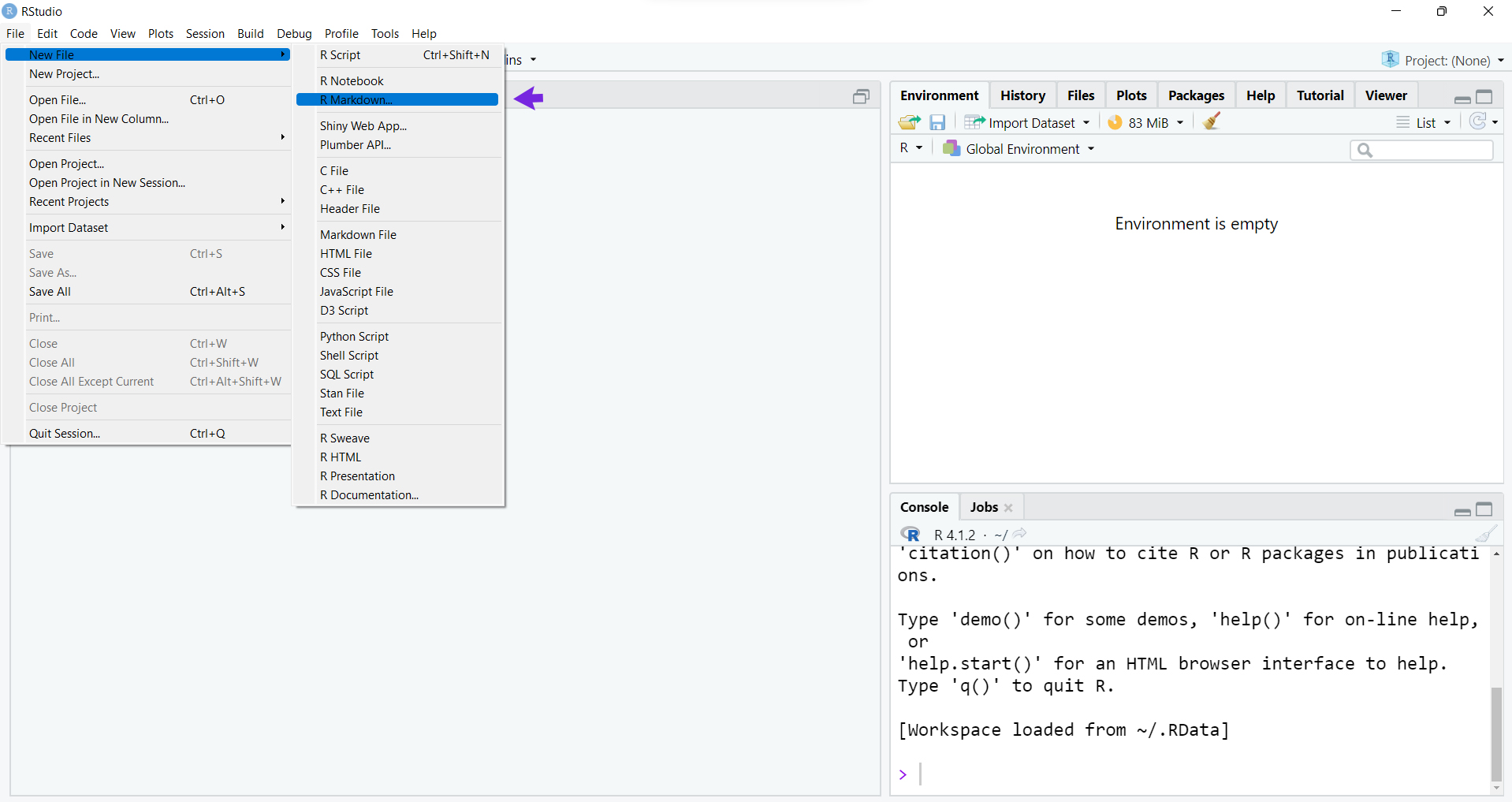 Procedimiento para abrir un documento de R Markdown usando el menú File/ New File/ R Markdown....