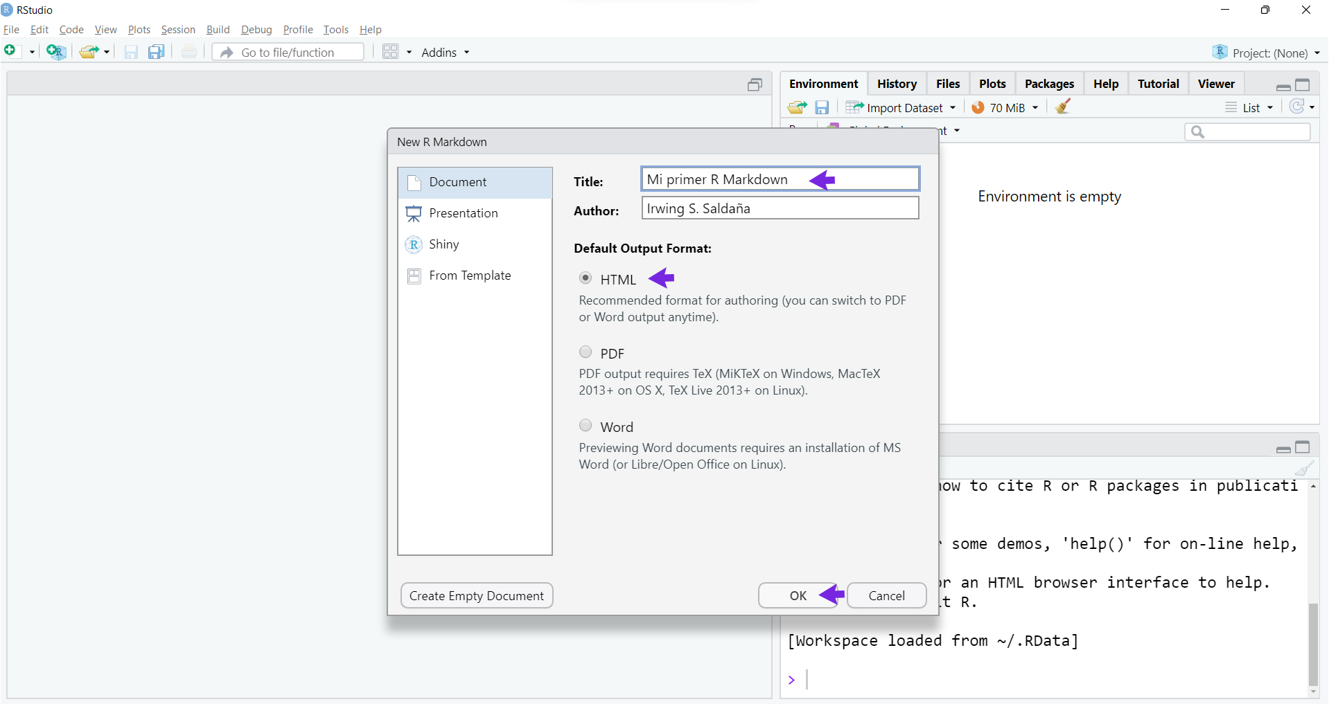 Ventana emergente para darle nombre al documento R Markdown.