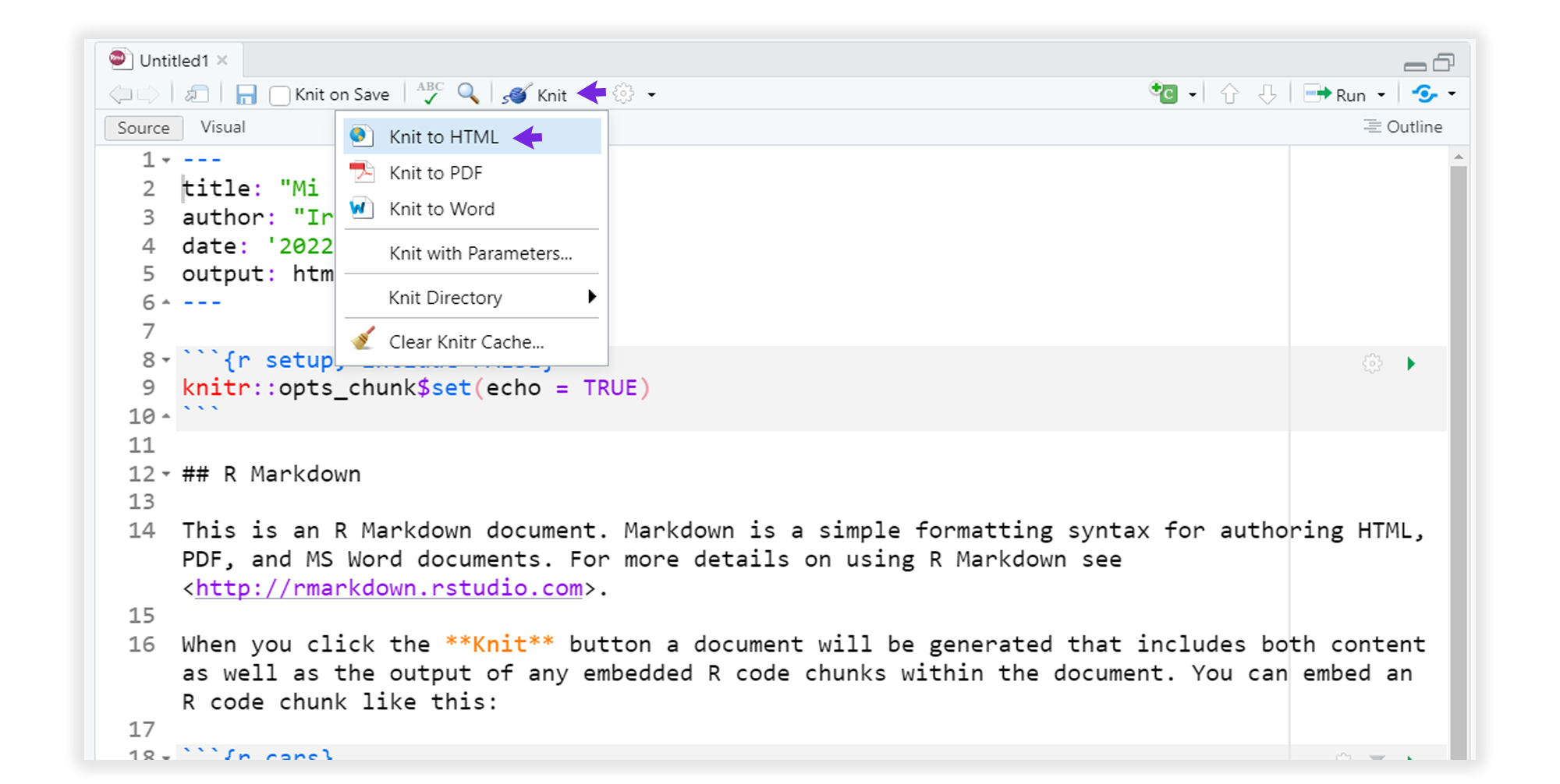 knit es una función del paquete knitr, desarrollado por Yihui Xie y colaboradores, para la generación de reportes dinámicos con R Markdown. Haciendo clic en el botón se despliega la lista de posibles exportaciones del documento. La exportación Knit to HTML produce una página web de reporte.