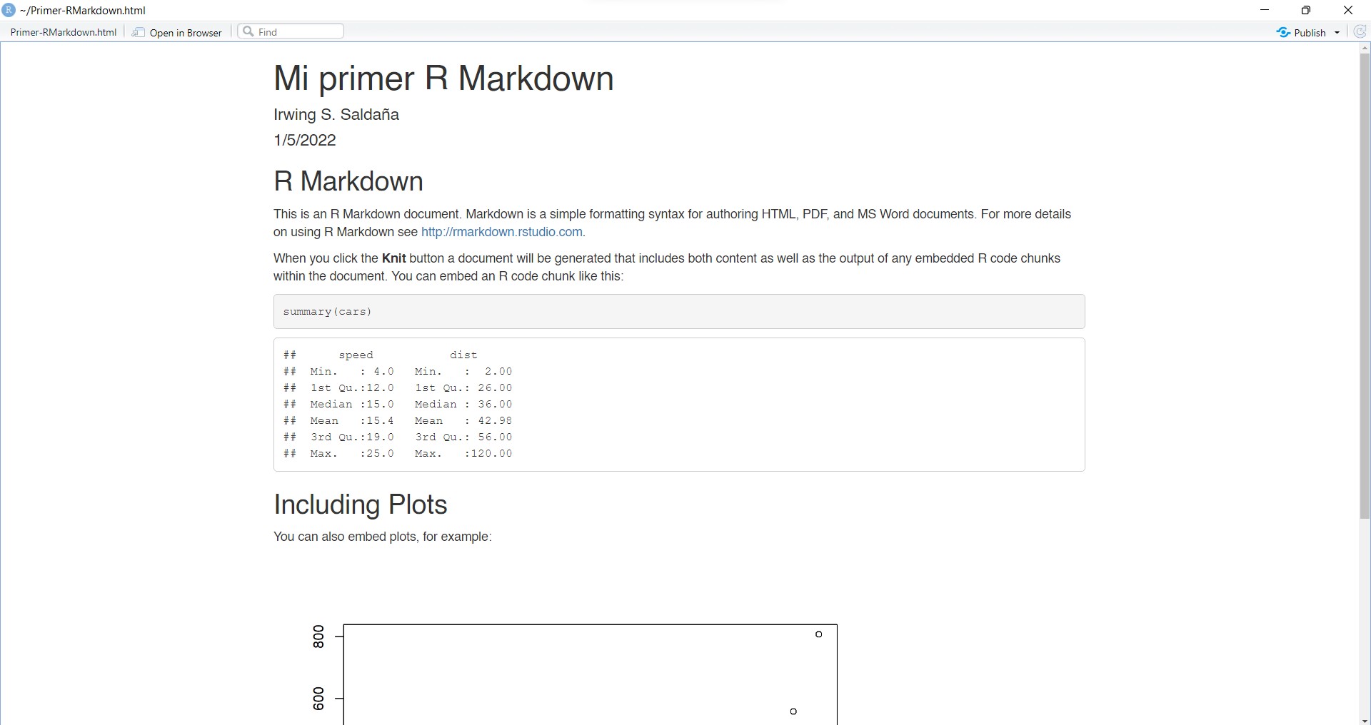 Vista del archivo HTML generado a partir del R Markdown de ejemplo.