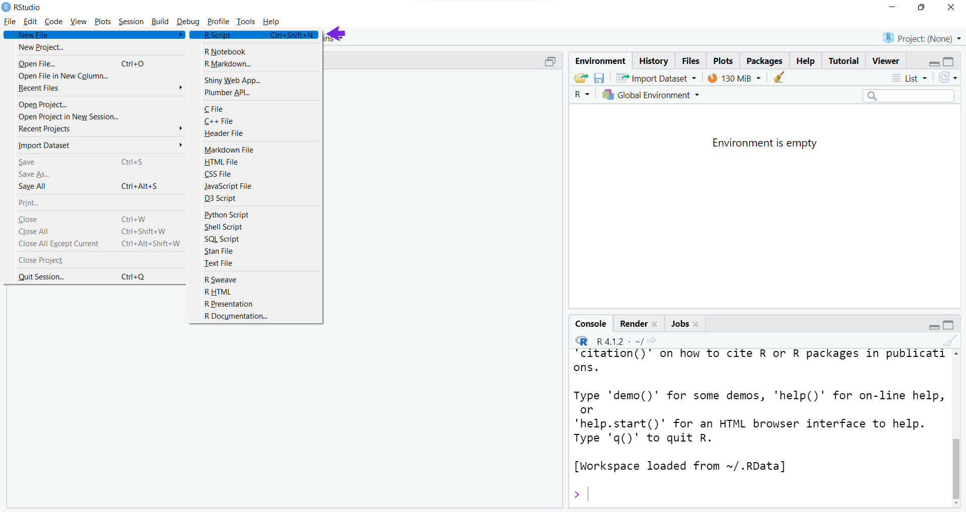 Procedimiento para abrir un documento de RScript usando el menú File/ New File/ R script.