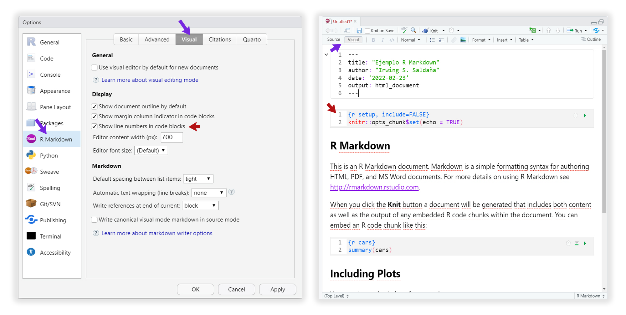 En la sección de R Markdown, pestaña Visual, apareció una nueva opción para numerar las líneas de código dentro de cada code chunk (flecha roja izquierda, cambio visualizado en la flecha roja derecha). Además, la forma de cambiar del modo editor visual (Visual) a editor de código (Source) está dispuesto de manera más elegante. Estos cambios, están acompañados en mejoras en la salida gráfica y corrección de algunos problemas menores de los R Markdown.