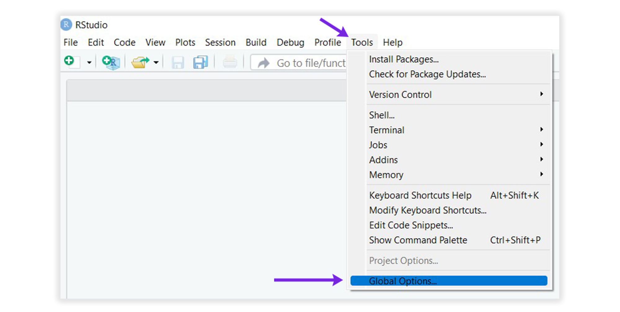 Para iniciar la configuración de RStudio, clic en tools/ Global Options.