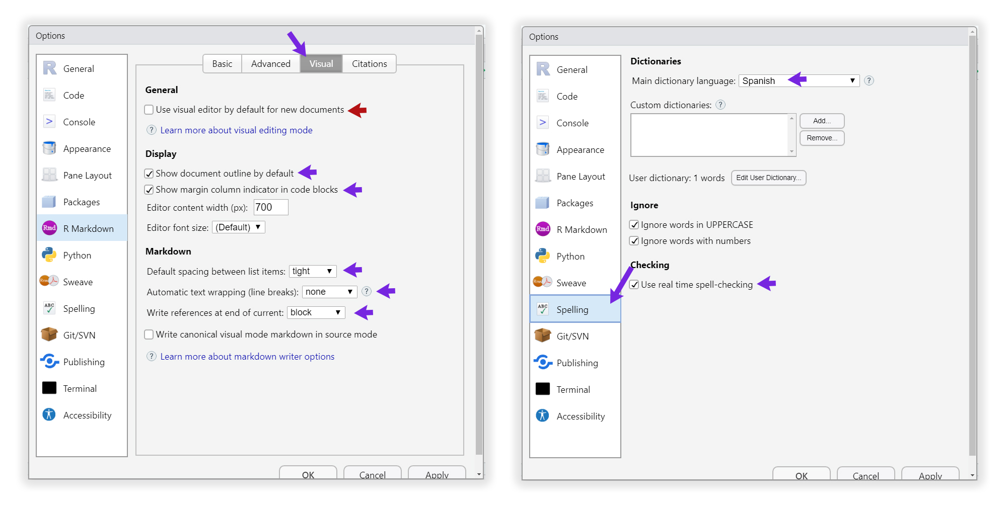 Para trabajar correctamente con los documentos R Markdown y evitar que se cuelguen, desmarcar la casilla con flecha roja. En la pestaña Spelling, se especifica el uso del lenguaje para el texto de los documentos. Selecciona de la lista “Spanish”. Clic en Aplicar para definir los cambios.