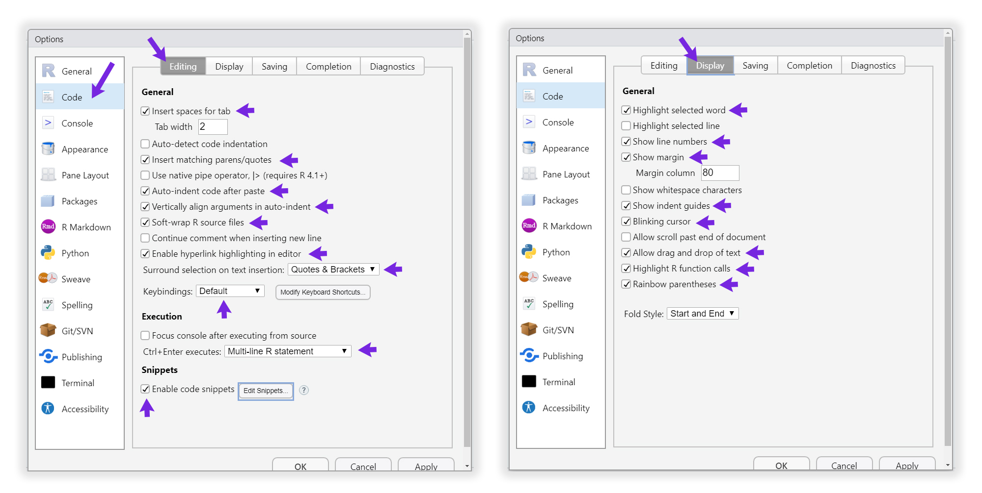 En la pestaña Code se configura la mayor cantidad de puntos necesarios para que el código sea legible. Aquí se muestra la configuración de las pestañas Editing y Display. Las dos opciones nuevas en la versión de RStudio 1.4+ son (con flechas rojas), son importantes en mejorar la lectura del código para principiantes: una permite identificar los pares de paréntesis con colores diferenciables (Rainbow parentheses en pestaña Display), y la otra es un primer intento de crear un operador pipe nativo para el código básico de R (Use native pipe operator, |>). Este último no lo habilitaremos para seguir usando el pipe de tidyverse %>%.