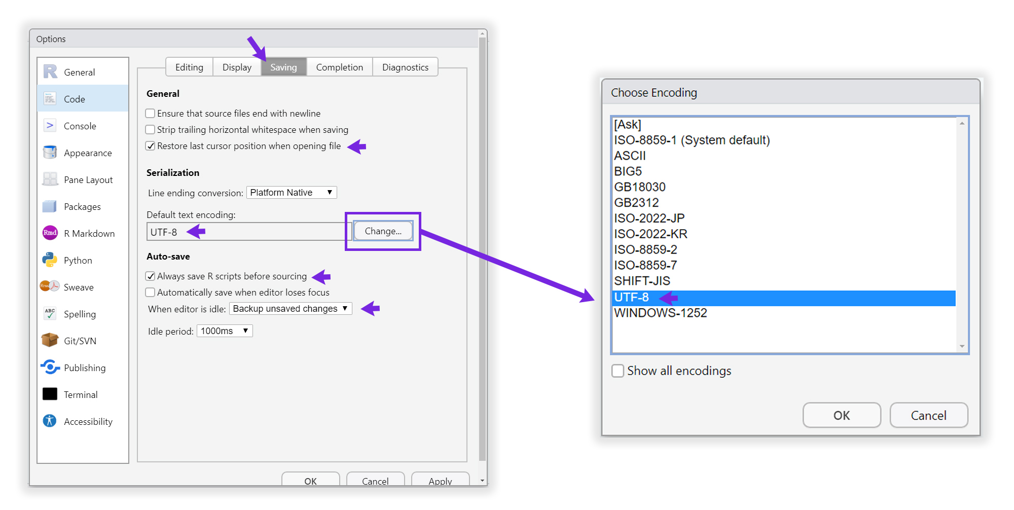En la pestaña Saving es importante definir la codificación que usarán los archivos generados por RStudio. Se recomienda dar clic en Change... y luego seleccionar la codificación UTF-8.
