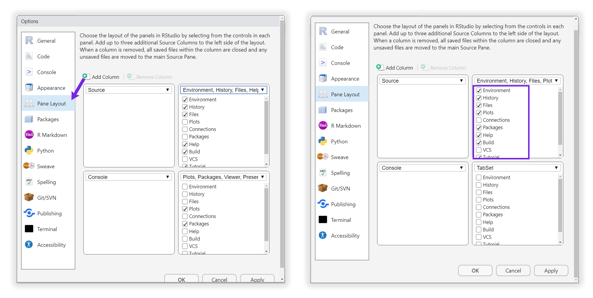 La organización de los paneles descritos en la sección 1.4 Paneles de RStudio se configuran previamente en la pestaña Pane Layout. A la izquierda: la organización por defecto. A la derecha: se deberá seleccionar todas las pestañas (excepto VCS y Connections) con un check dentro del panel superior derecho. Eso hará que el panel inferior derecho cambie de nombre a “TabSet”.