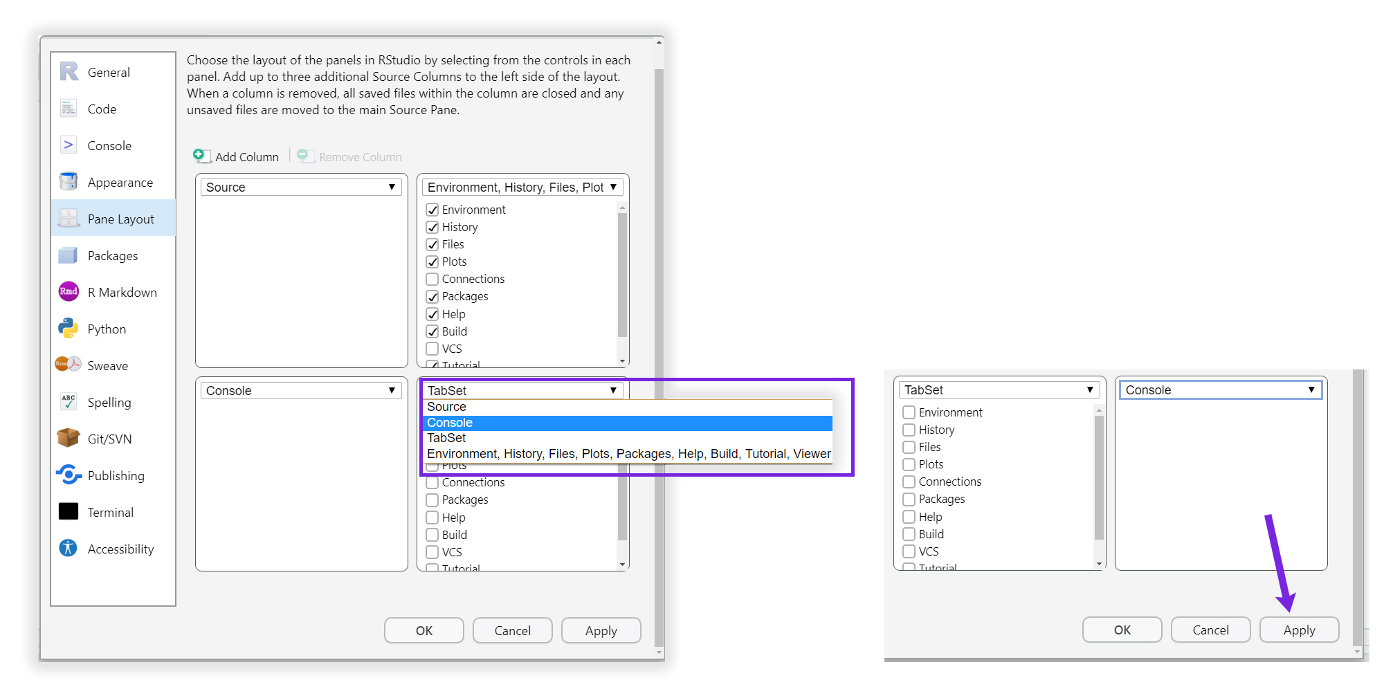 El siguiente paso es cambiar la ubicación de TabSet haciendo clic y cambiando el panel por Console. Clic en Aplicar para definir los cambios.