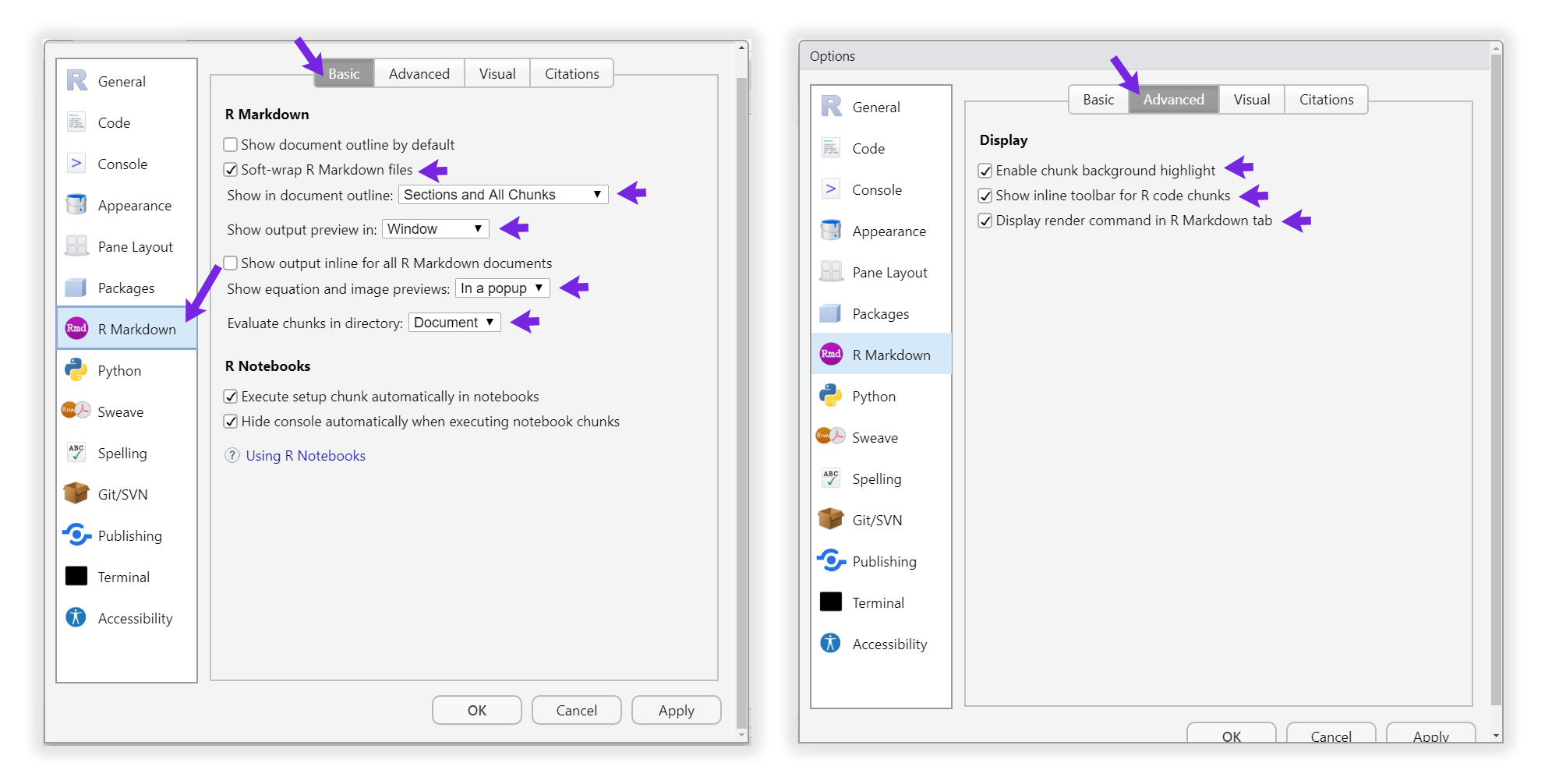 La configuración de R Markdown es solo para evitar que se cuelgue al usar los documentos. Definir todas las casillas y selectores como se muestra a continuación en las pestañas Basic y Advanced.