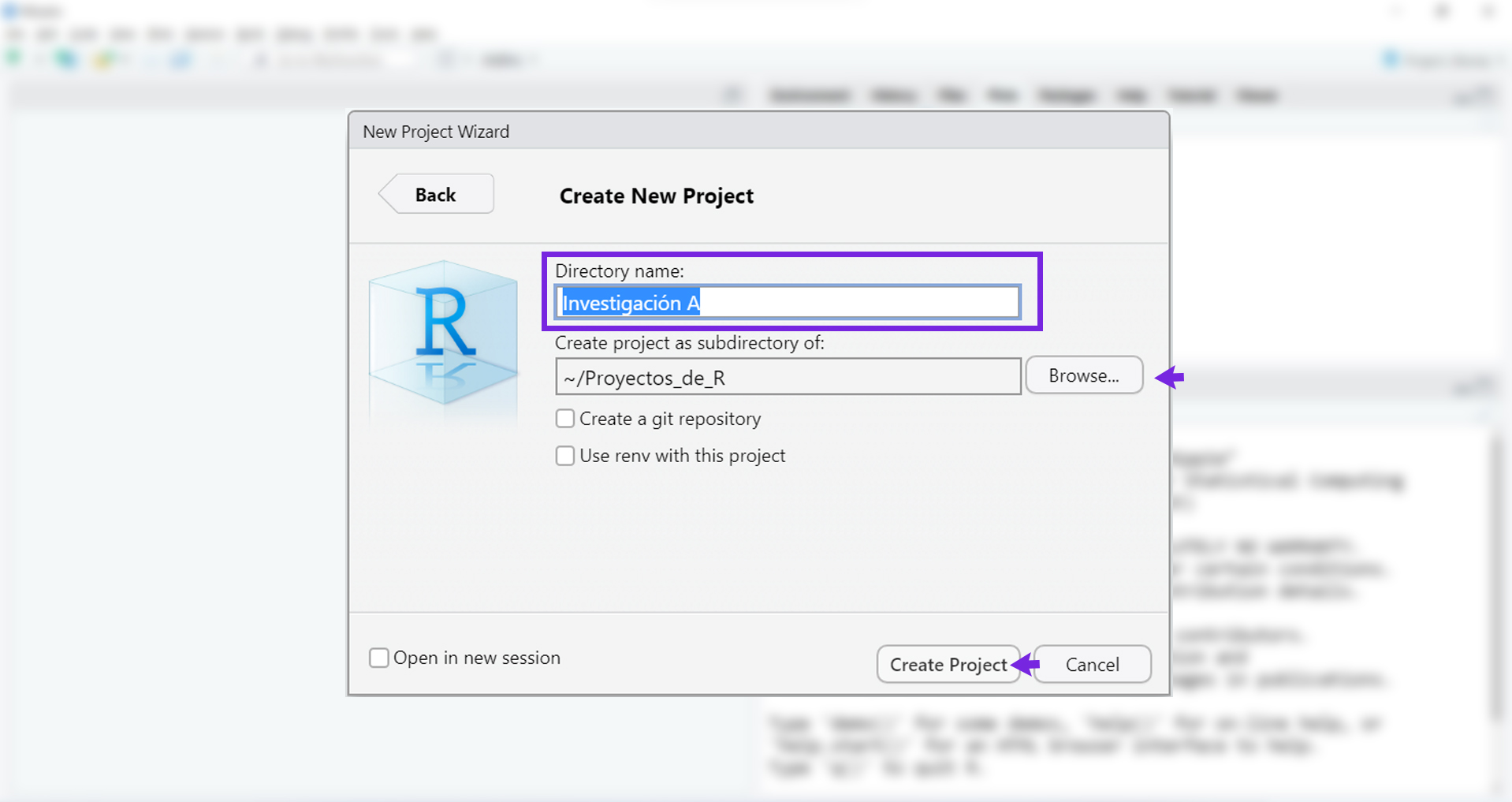 En Directory name: escribe el nombre del proyecto, mismo que también tendrá la nueva carpeta de trabajo que se creará en tu computador. En el botón Browse..., podrás ubicar una carpeta madre donde irás creando proyectos para mantenerlos todos ordenados y accesibles. Puede ser una subcarpeta dentro de documentos, con algún nombre genérico como “proyectos”, “proyectos de R”, entre otros. Finalmente, clic en Create Project.