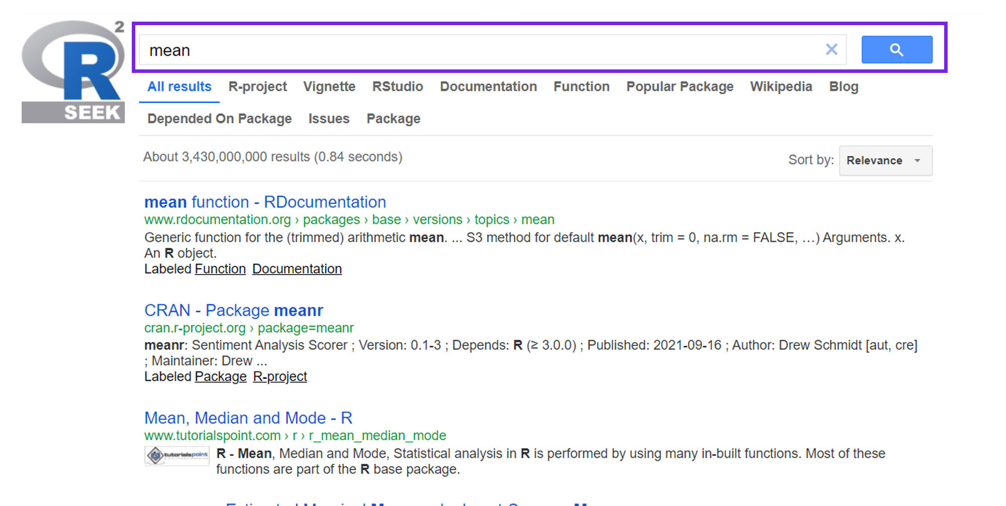Búsqueda de ayuda para la función mean() en rseek. Puedes acceder directamente a la viñeta (PDF o web) del uso de la función (que es la misma información que en la búsqueda en RStudio), documentación, funciones asociadas, paquetes populares que usen mean, wikipedia, blogs como R-Bloggers donde expliquen su uso, Issues que son problemas reportados para la función, o paquetes que contengan una función con el mismo nombre.
