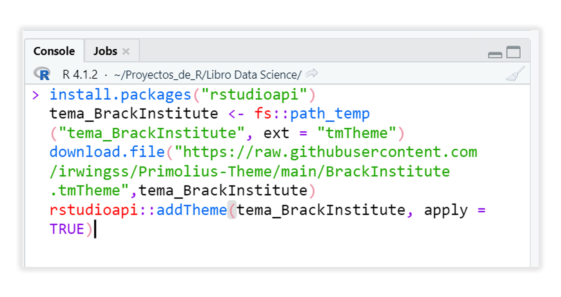 Código de instalación del tema BrackInstitute en la consola, listo para ser ejecutado.